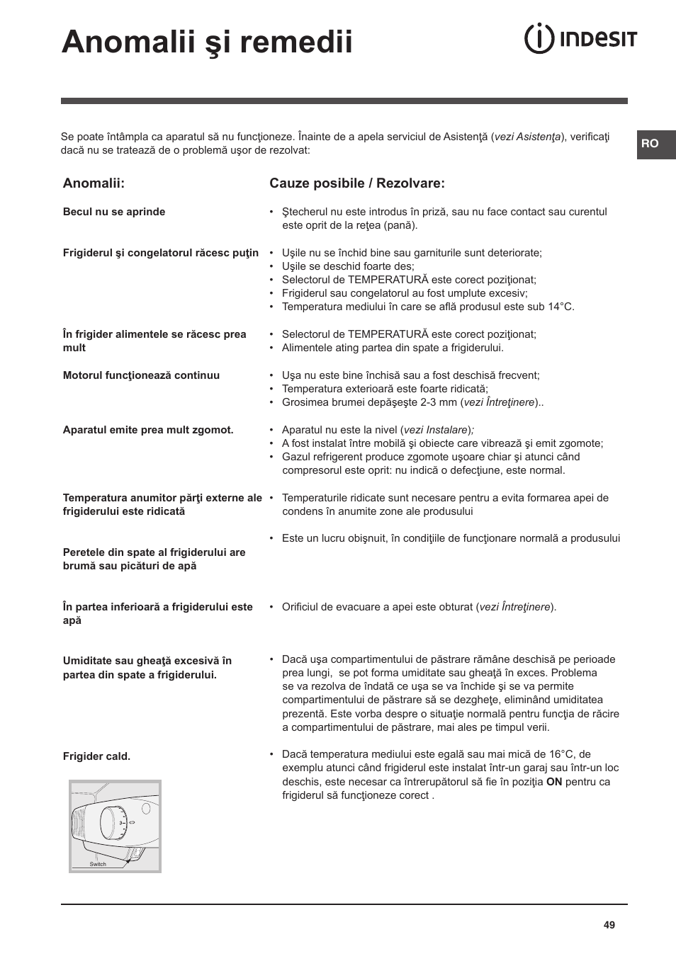 Anomalii şi remedii, Cauze posibile / rezolvare, Anomalii | Indesit CAA 55 NX User Manual | Page 49 / 92