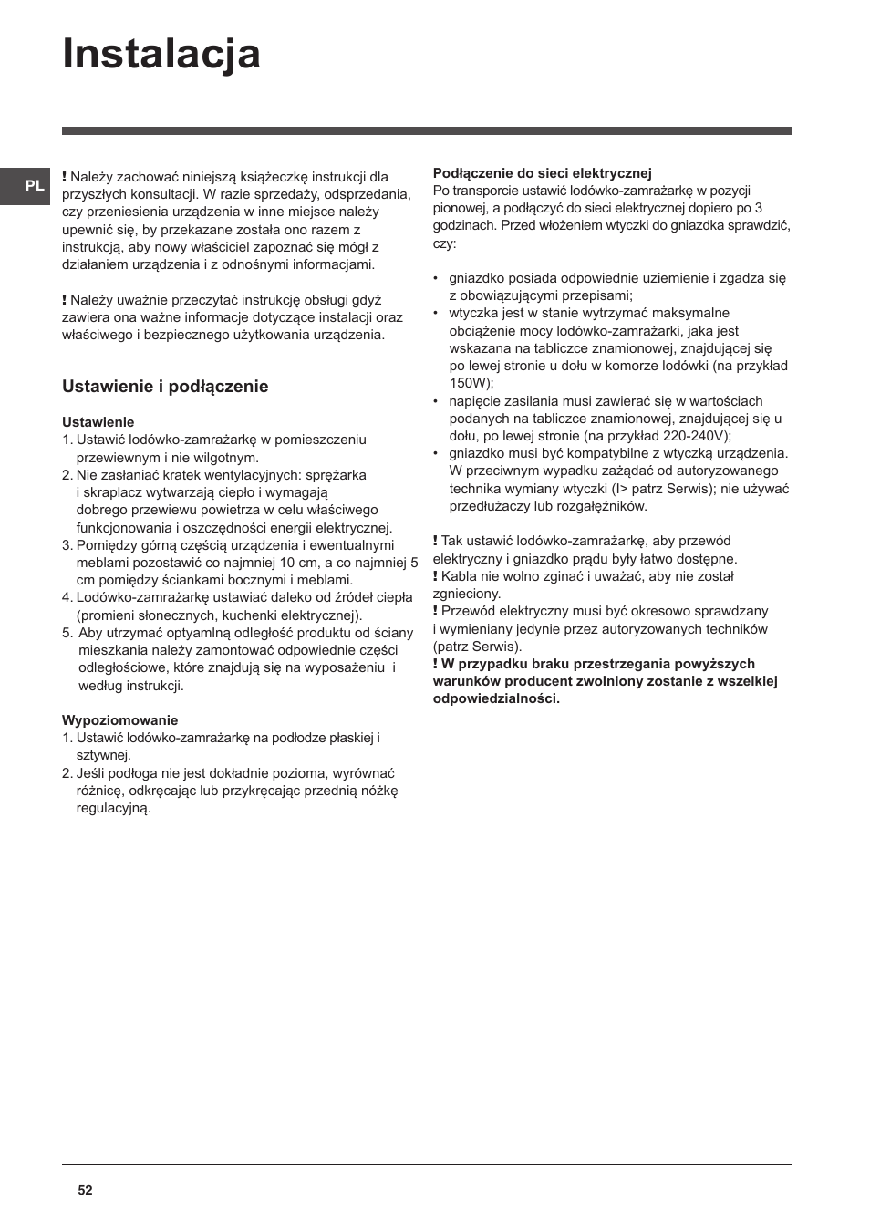 Instalacja, Ustawienie i podłączenie | Indesit CAA 55 NX User Manual | Page 52 / 92