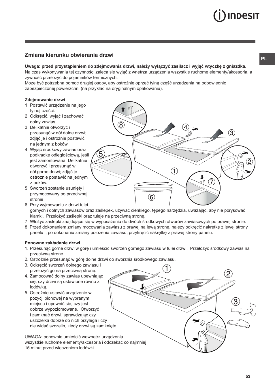 Zmiana kierunku otwierania drzwi | Indesit CAA 55 NX User Manual | Page 53 / 92