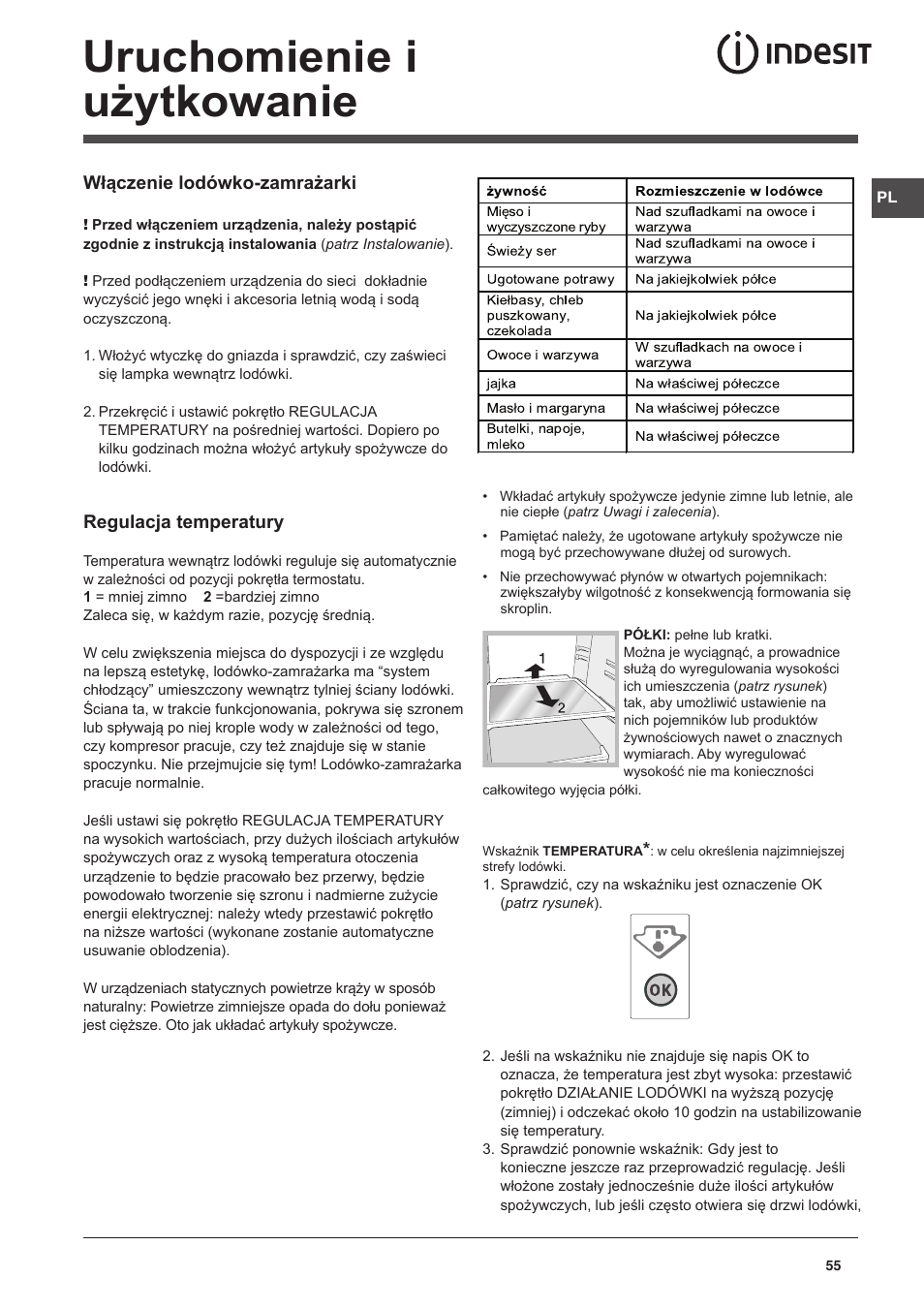 Uruchomienie i użytkowanie | Indesit CAA 55 NX User Manual | Page 55 / 92