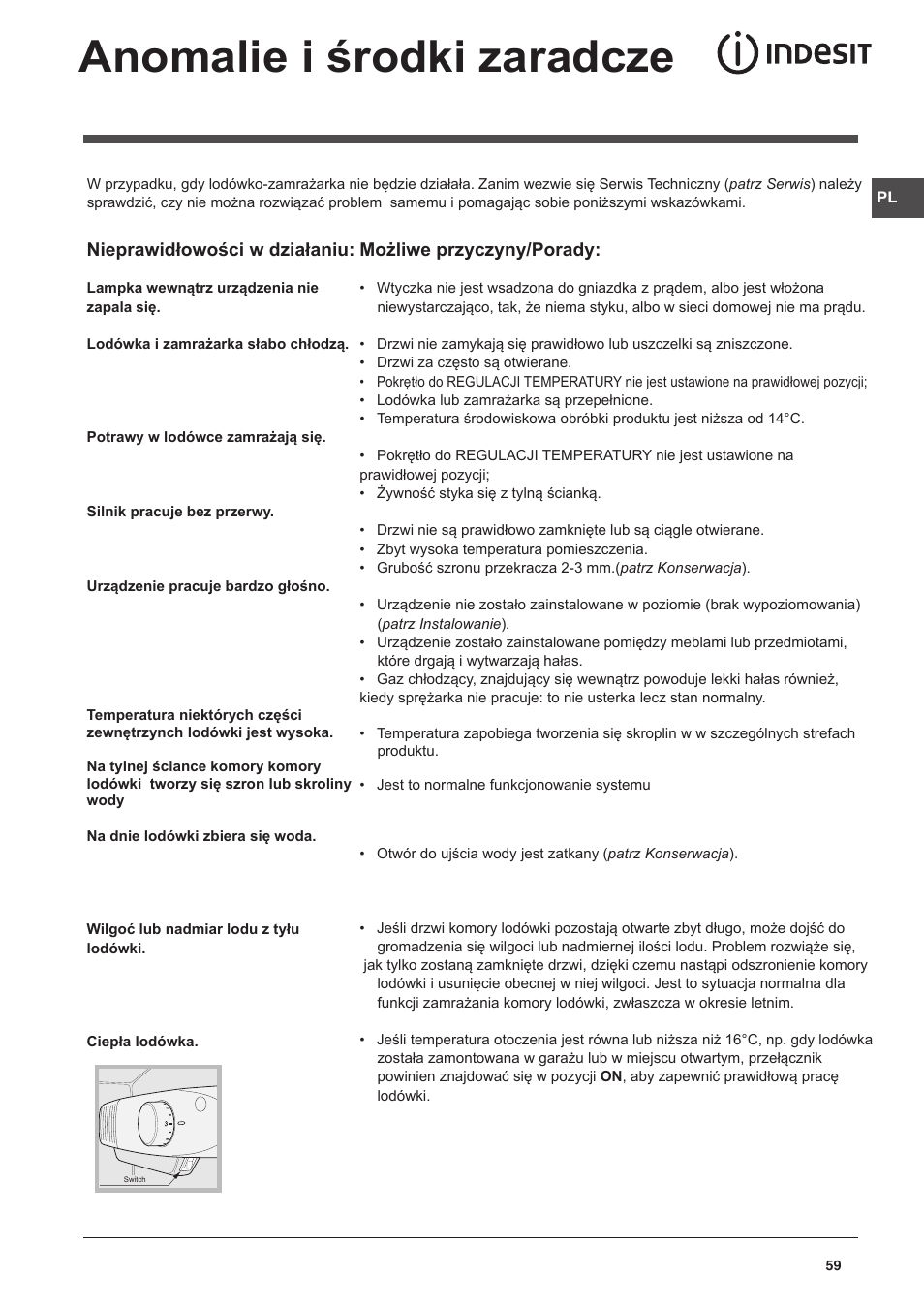 Anomalie i środki zaradcze, Możliwe przyczyny/porady, Nieprawidłowości w działaniu | Indesit CAA 55 NX User Manual | Page 59 / 92