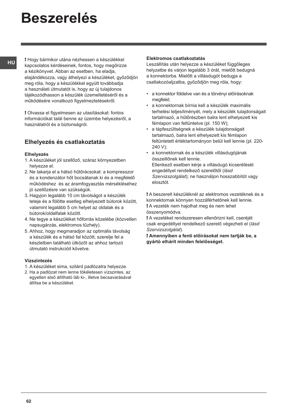 Beszerelés, Elhelyezés és csatlakoztatás | Indesit CAA 55 NX User Manual | Page 62 / 92