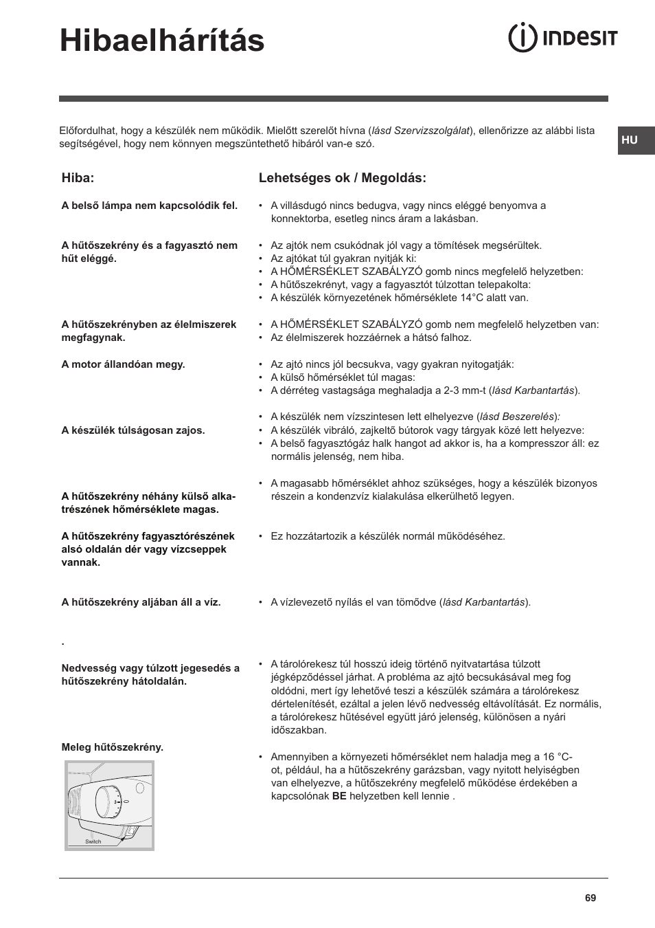 Hibaelhárítás, Lehetséges ok / megoldás, Hiba | Indesit CAA 55 NX User Manual | Page 69 / 92