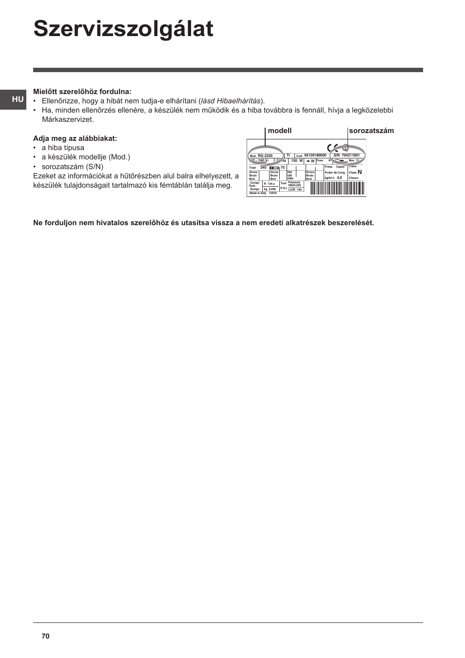 Szervizszolgálat, Modell sorozatszám | Indesit CAA 55 NX User Manual | Page 70 / 92