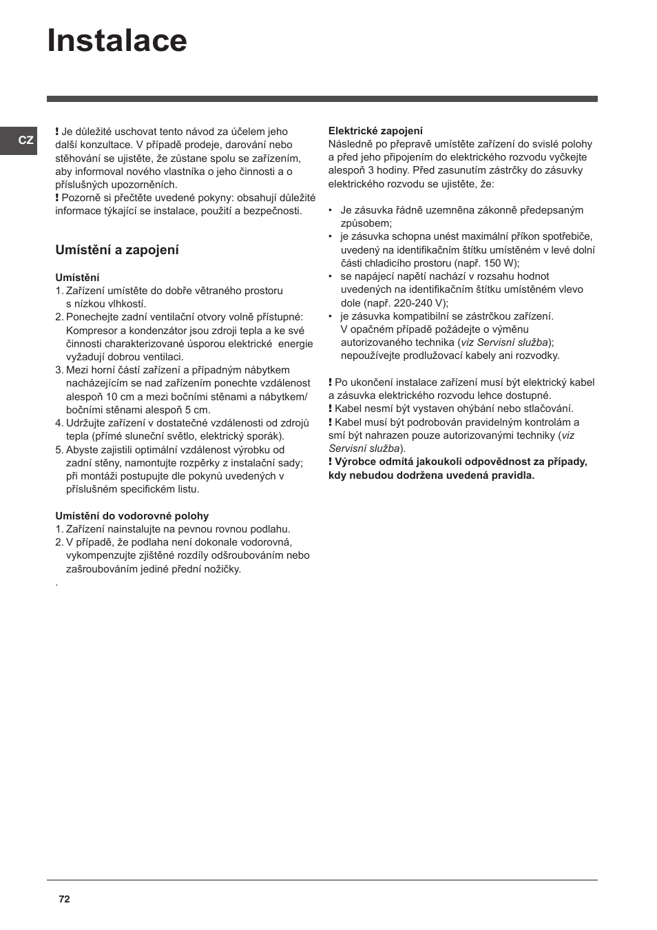Instalace | Indesit CAA 55 NX User Manual | Page 72 / 92