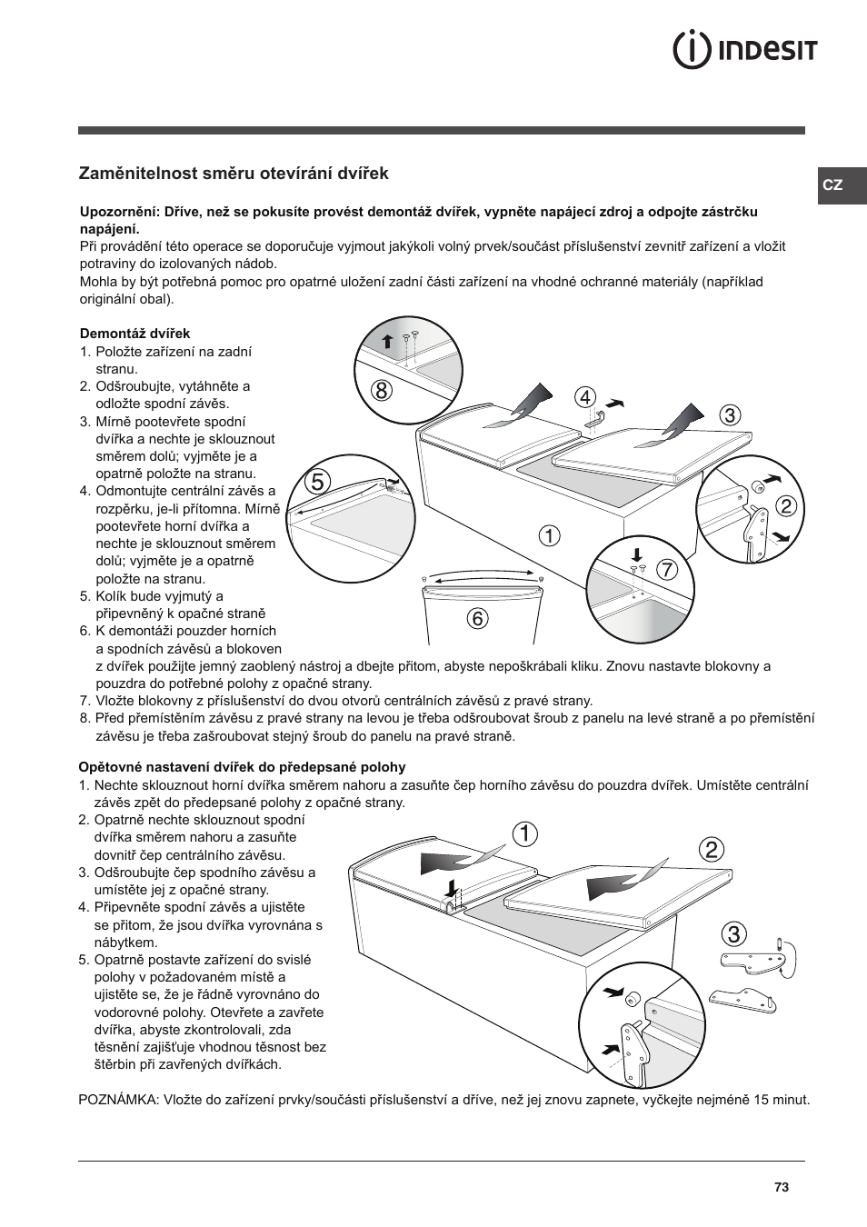 Zaměnitelnost směru otevírání dvířek | Indesit CAA 55 NX User Manual | Page 73 / 92