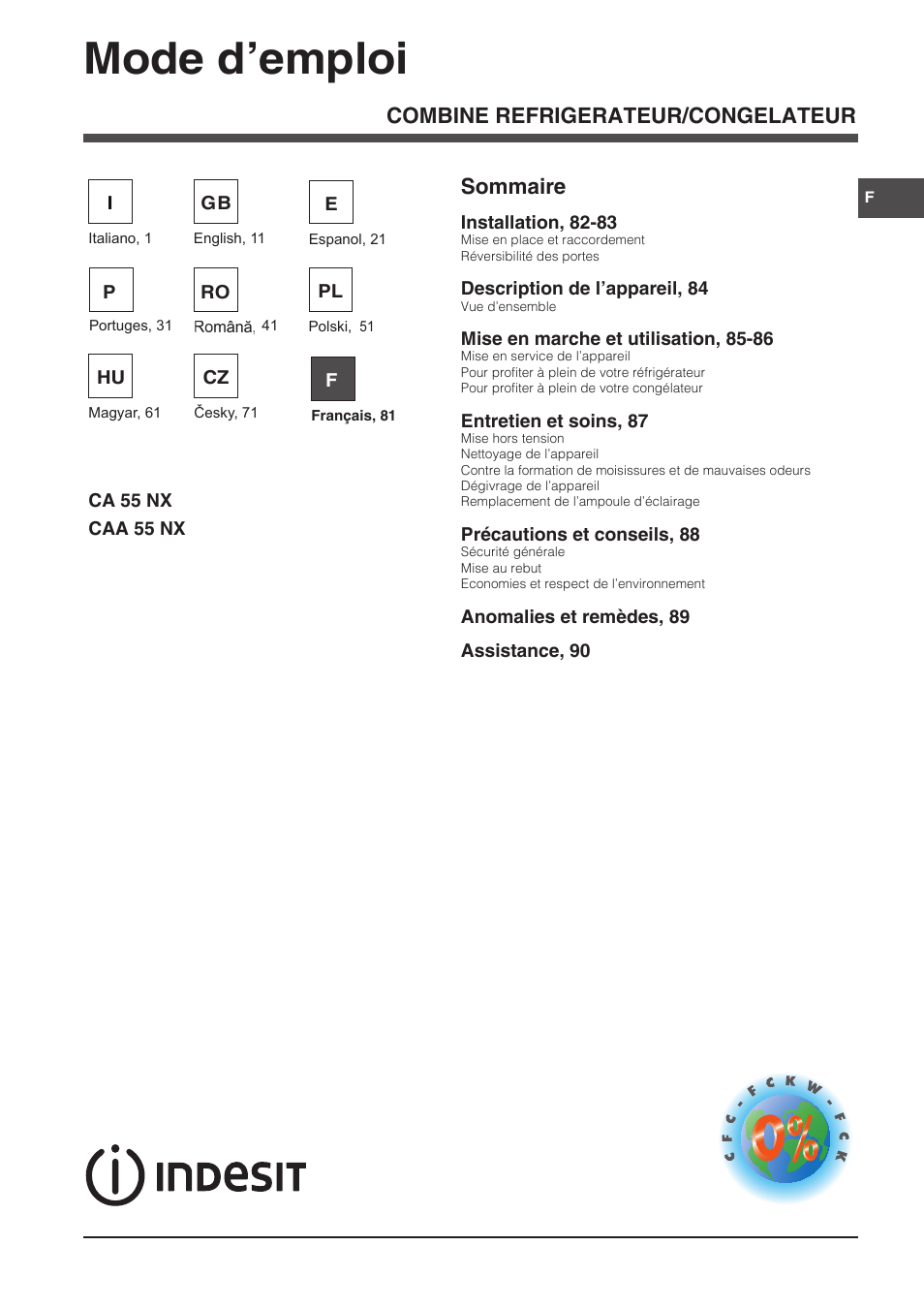 Mode d’emploi, Combine refrigerateur/congelateur sommaire | Indesit CAA 55 NX User Manual | Page 81 / 92