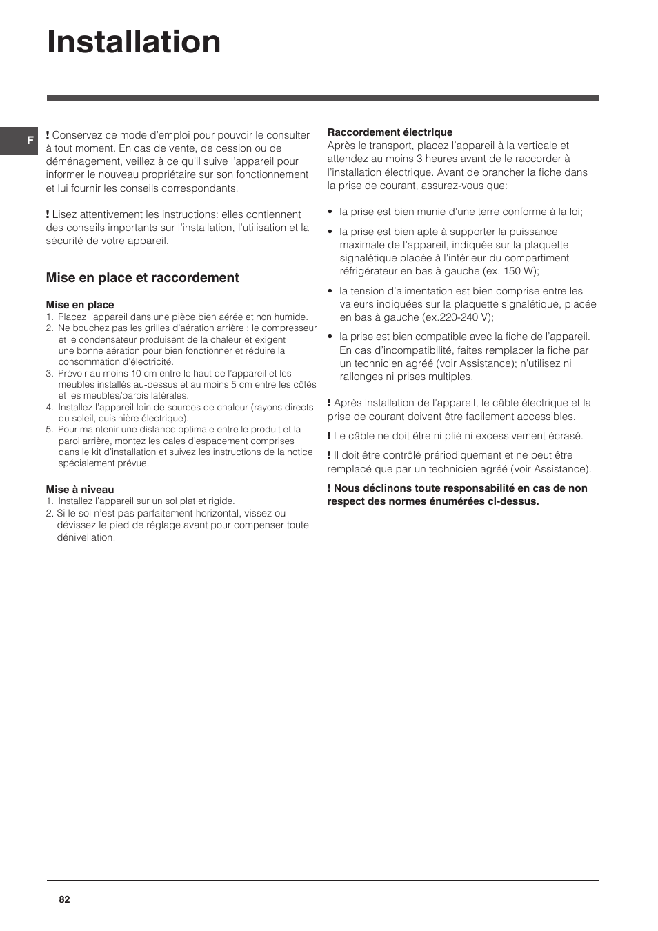Installation, Mise en place et raccordement | Indesit CAA 55 NX User Manual | Page 82 / 92