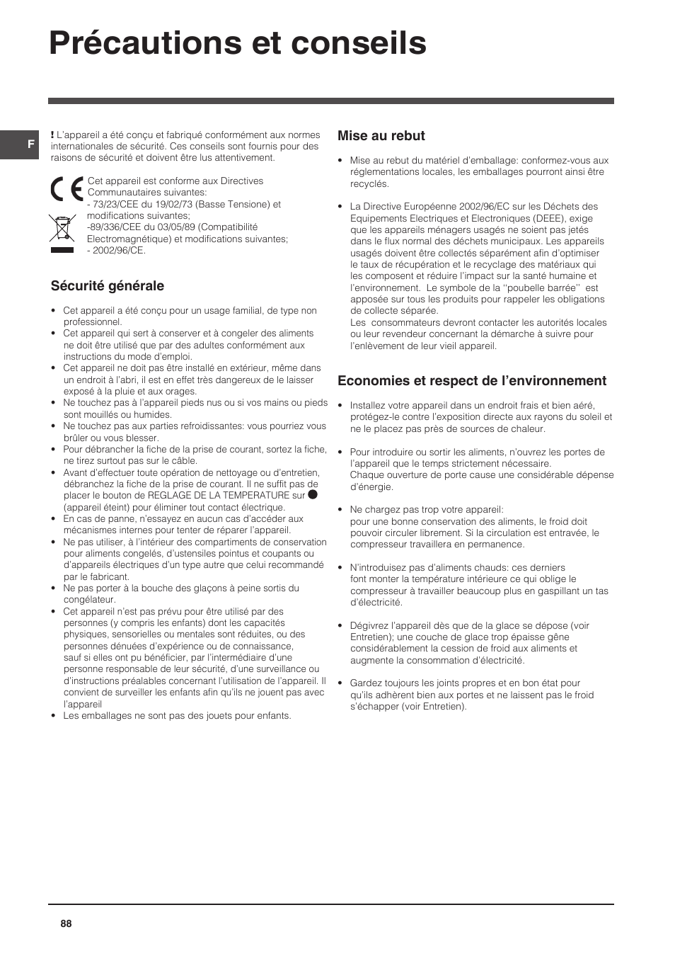 Précautions et conseils, Sécurité générale, Mise au rebut | Economies et respect de l’environnement | Indesit CAA 55 NX User Manual | Page 88 / 92
