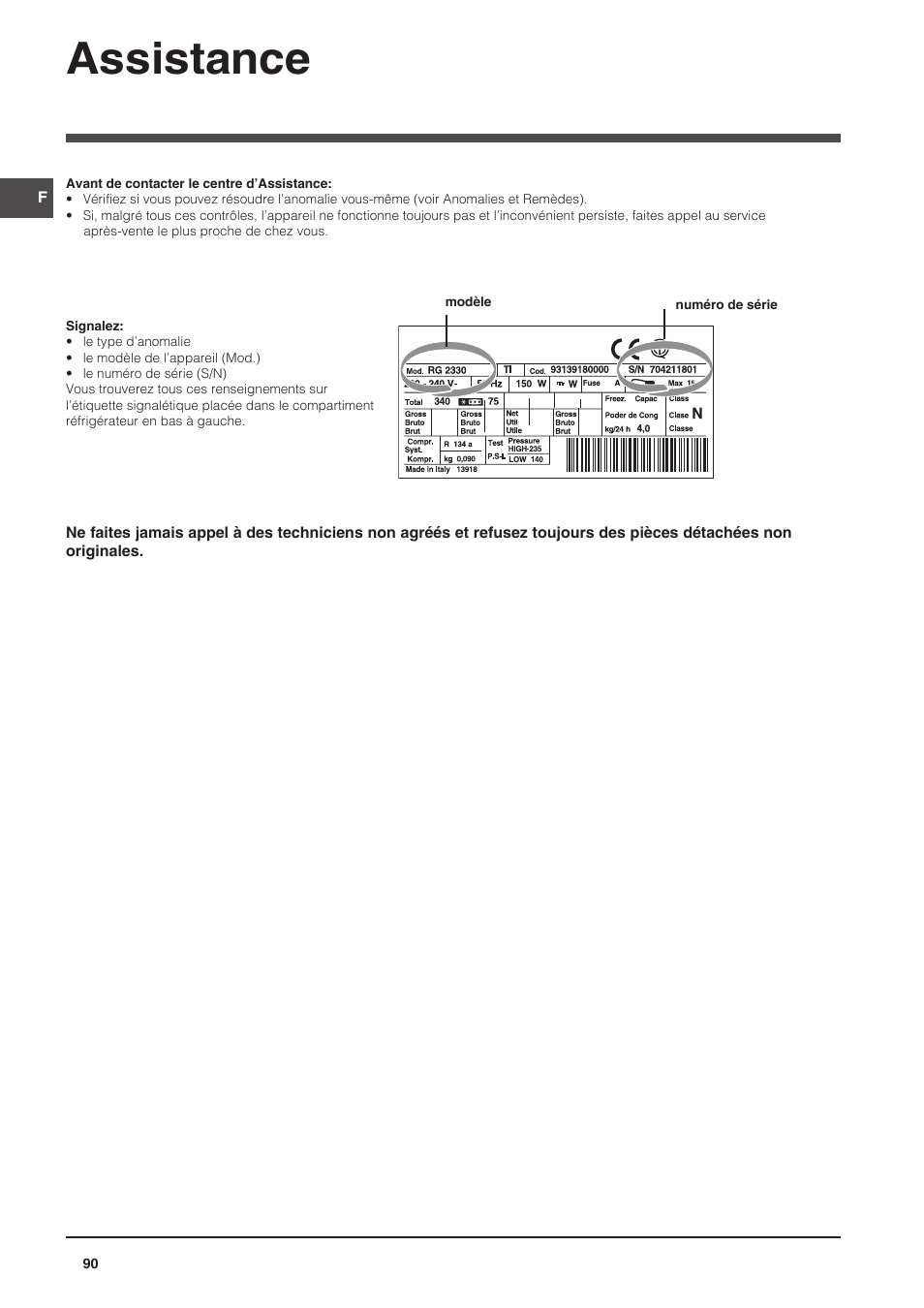 Assistance | Indesit CAA 55 NX User Manual | Page 90 / 92