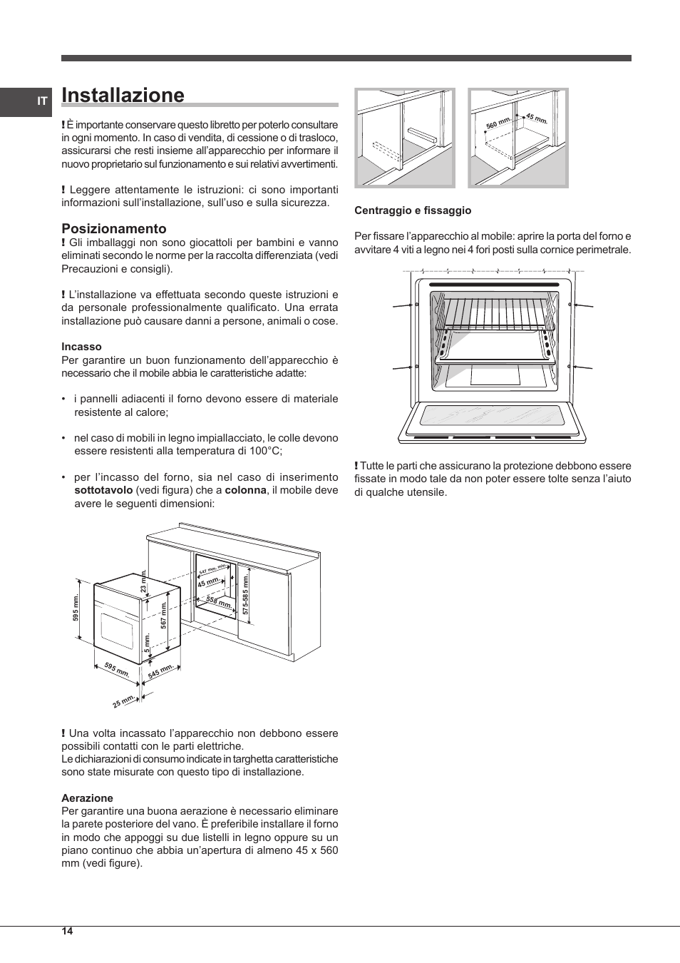 Installazione, Posizionamento | Indesit IF-89-K.A-IX-S User Manual | Page 14 / 76