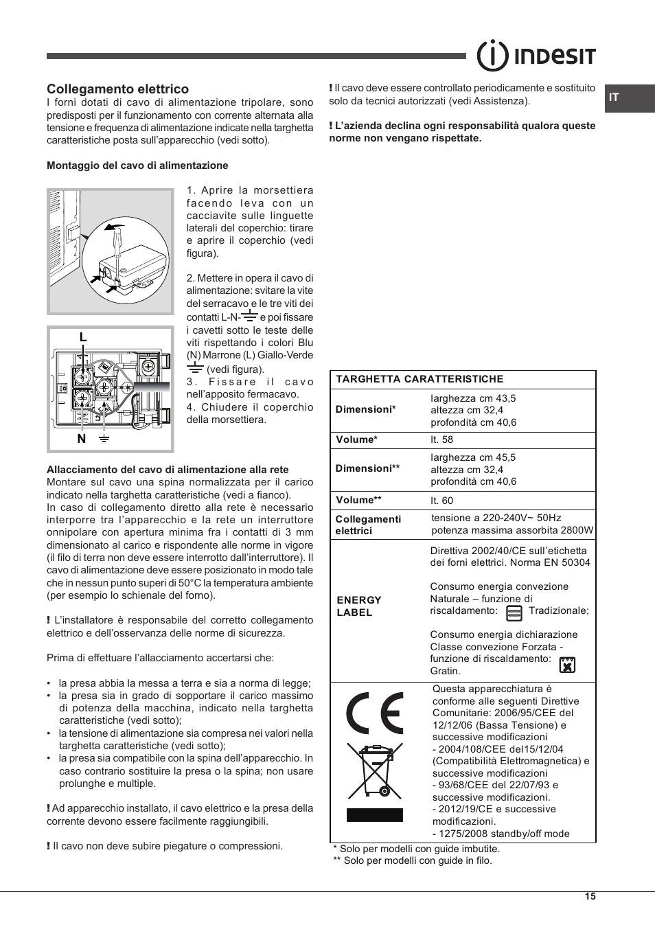 Collegamento elettrico | Indesit IF-89-K.A-IX-S User Manual | Page 15 / 76