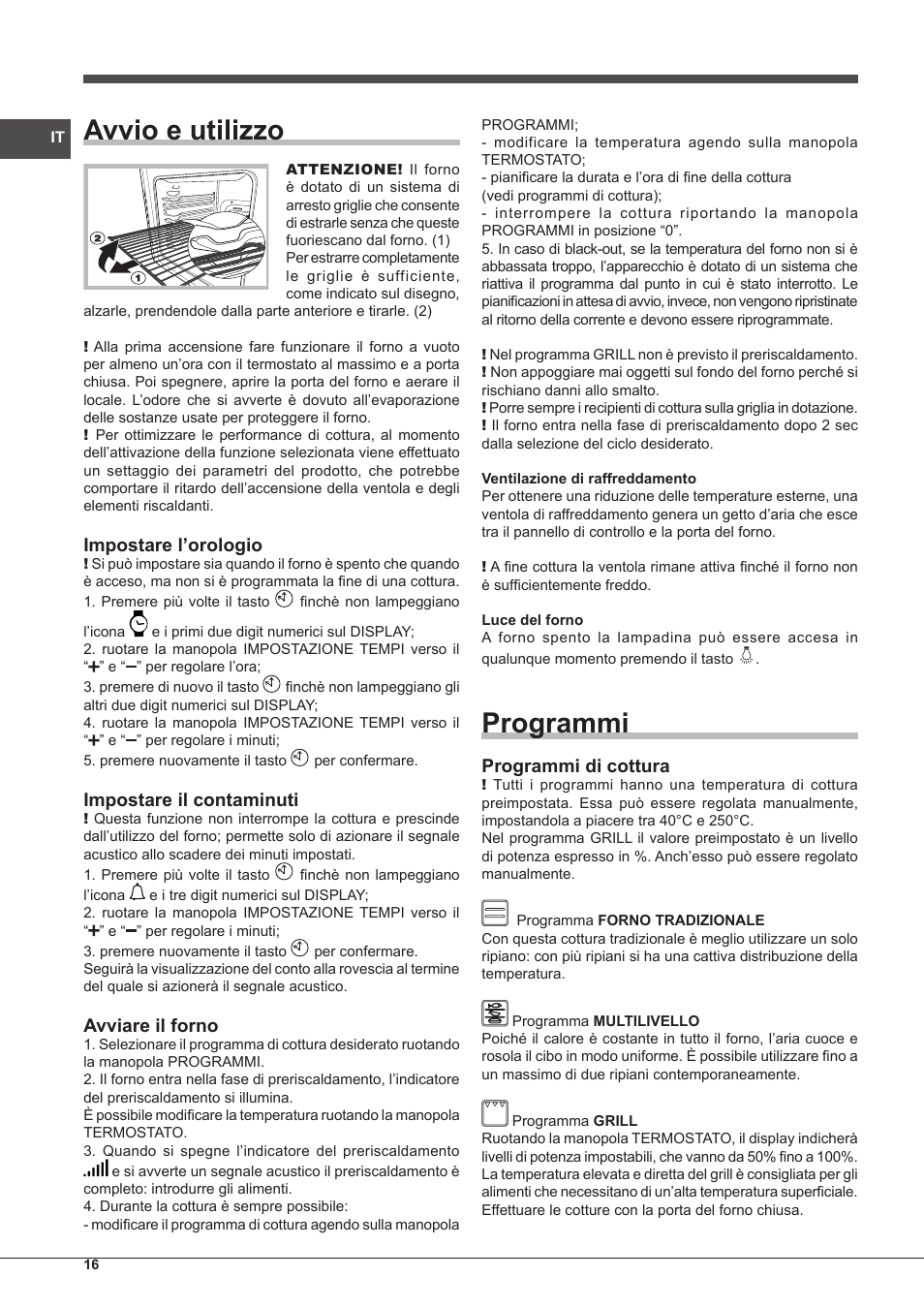 Avvio e utilizzo, Programmi, Impostare l’orologio | Impostare il contaminuti, Avviare il forno, Programmi di cottura | Indesit IF-89-K.A-IX-S User Manual | Page 16 / 76