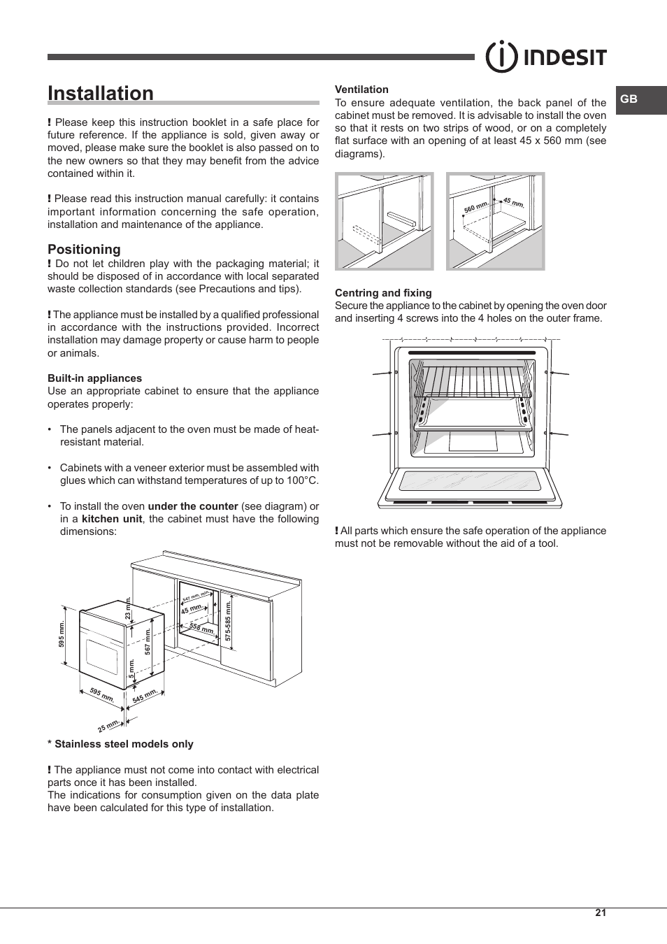 Installation, Positioning | Indesit IF-89-K.A-IX-S User Manual | Page 21 / 76