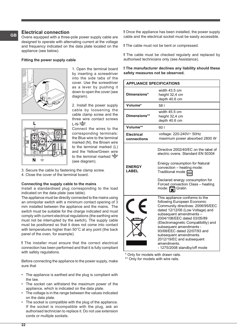 Electrical connection | Indesit IF-89-K.A-IX-S User Manual | Page 22 / 76