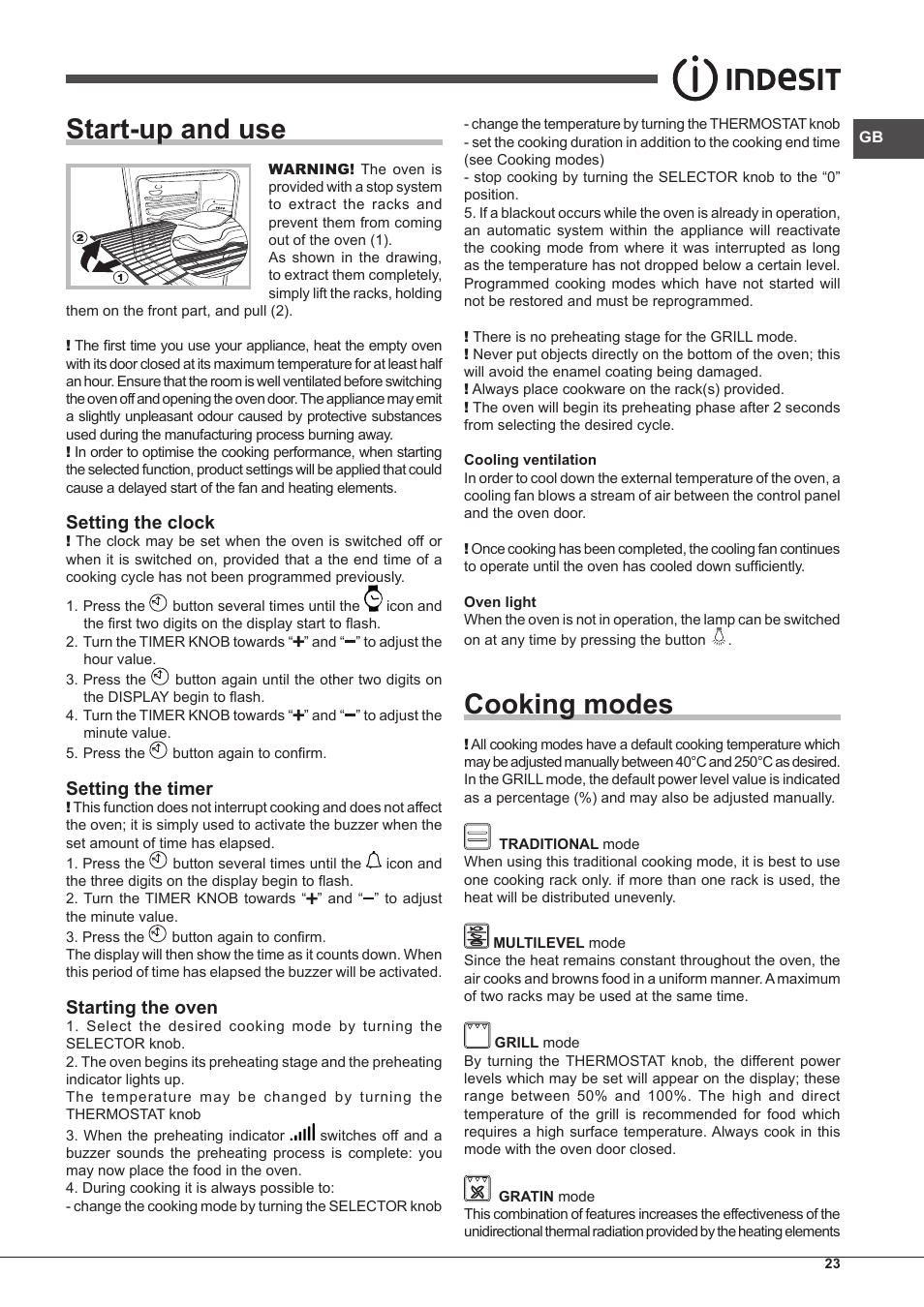 Start-up and use, Cooking modes, Setting the clock | Setting the timer, Starting the oven | Indesit IF-89-K.A-IX-S User Manual | Page 23 / 76