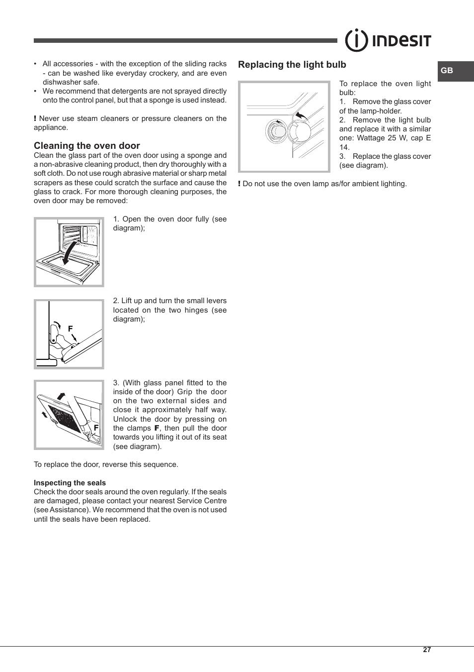 Cleaning the oven door, Replacing the light bulb | Indesit IF-89-K.A-IX-S User Manual | Page 27 / 76