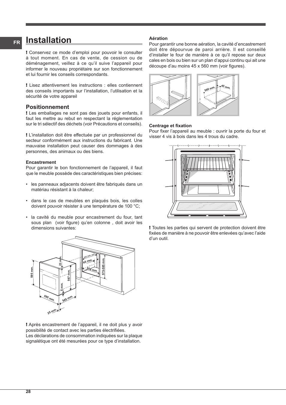 Installation, Positionnement | Indesit IF-89-K.A-IX-S User Manual | Page 28 / 76