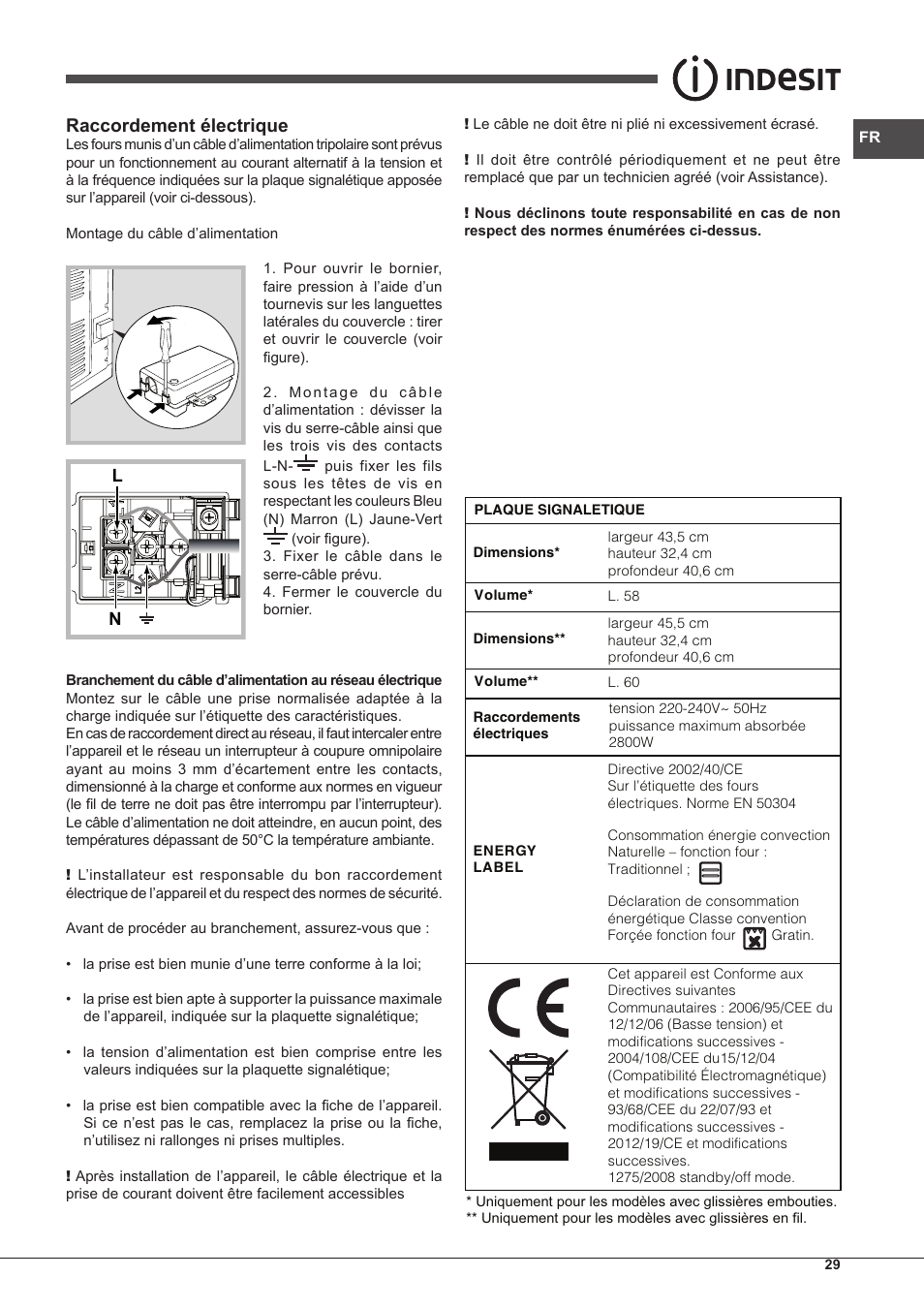 Raccordement électrique | Indesit IF-89-K.A-IX-S User Manual | Page 29 / 76