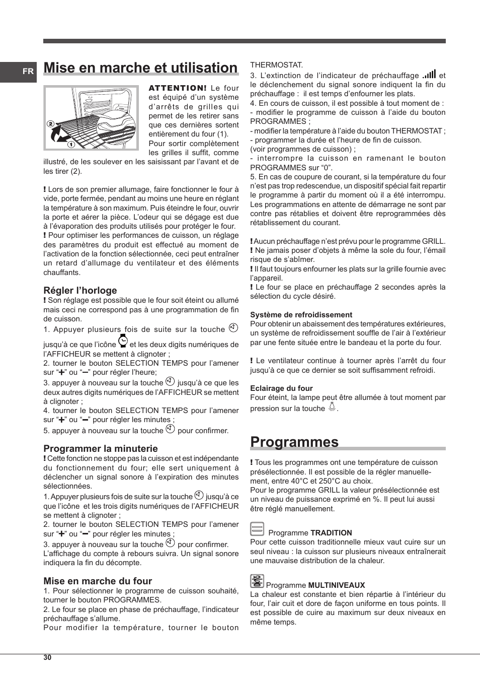 Mise en marche et utilisation, Programmes, Régler l’horloge | Programmer la minuterie, Mise en marche du four | Indesit IF-89-K.A-IX-S User Manual | Page 30 / 76
