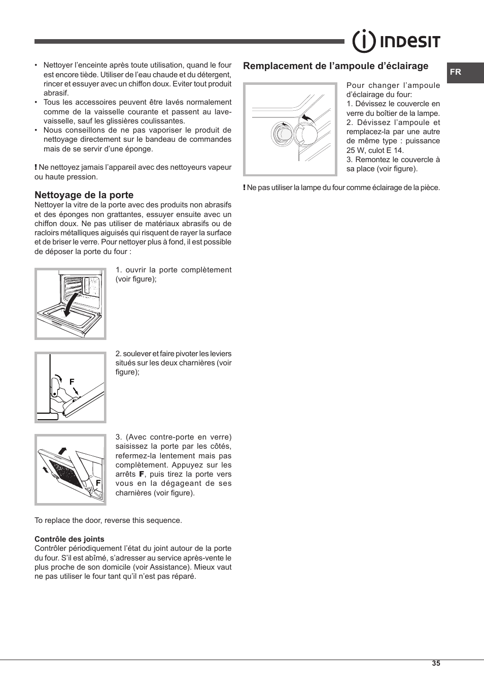 Nettoyage de la porte, Remplacement de l’ampoule d’éclairage | Indesit IF-89-K.A-IX-S User Manual | Page 35 / 76