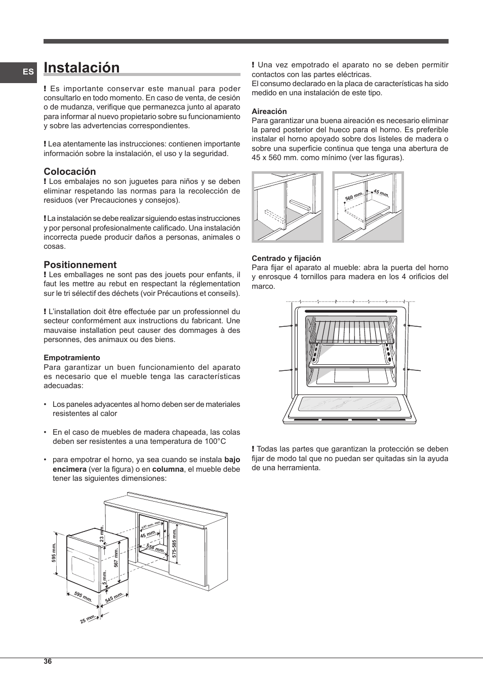 Instalación, Colocación, Positionnement | Indesit IF-89-K.A-IX-S User Manual | Page 36 / 76