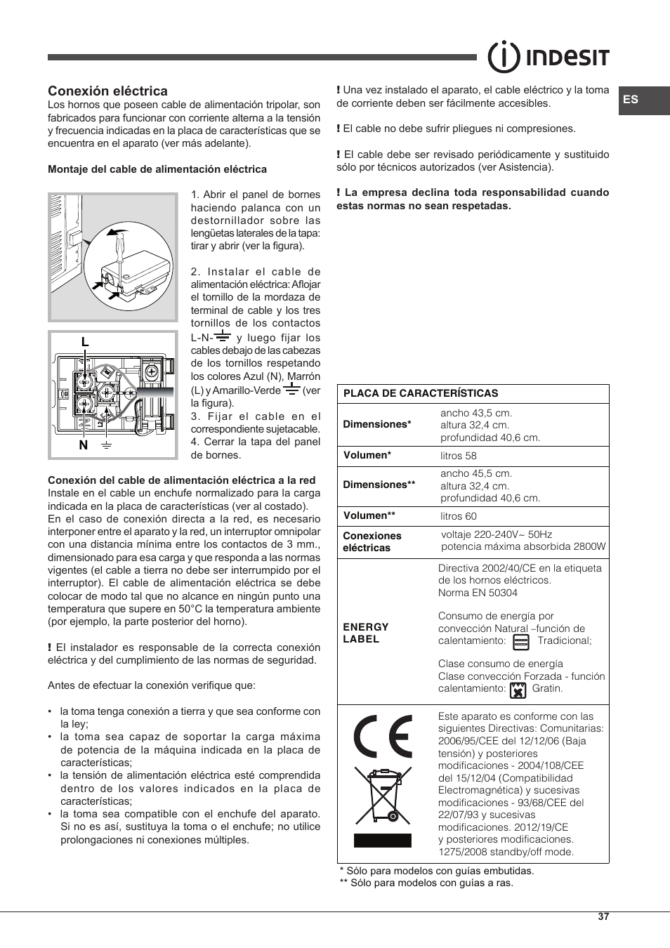 Conexión eléctrica | Indesit IF-89-K.A-IX-S User Manual | Page 37 / 76