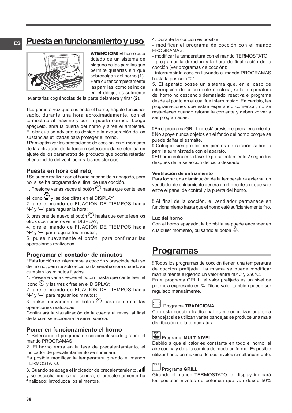 Puesta en funcionamiento y uso, Programas, Puesta en hora del reloj | Programar el contador de minutos, Poner en funcionamiento el horno | Indesit IF-89-K.A-IX-S User Manual | Page 38 / 76