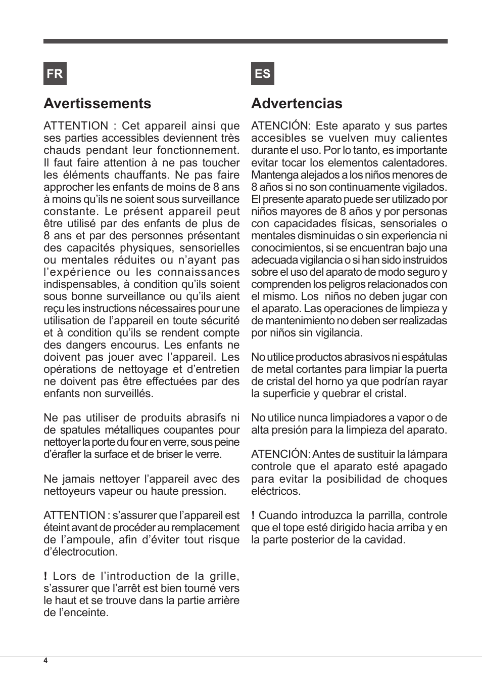 Avertissements, Advertencias | Indesit IF-89-K.A-IX-S User Manual | Page 4 / 76