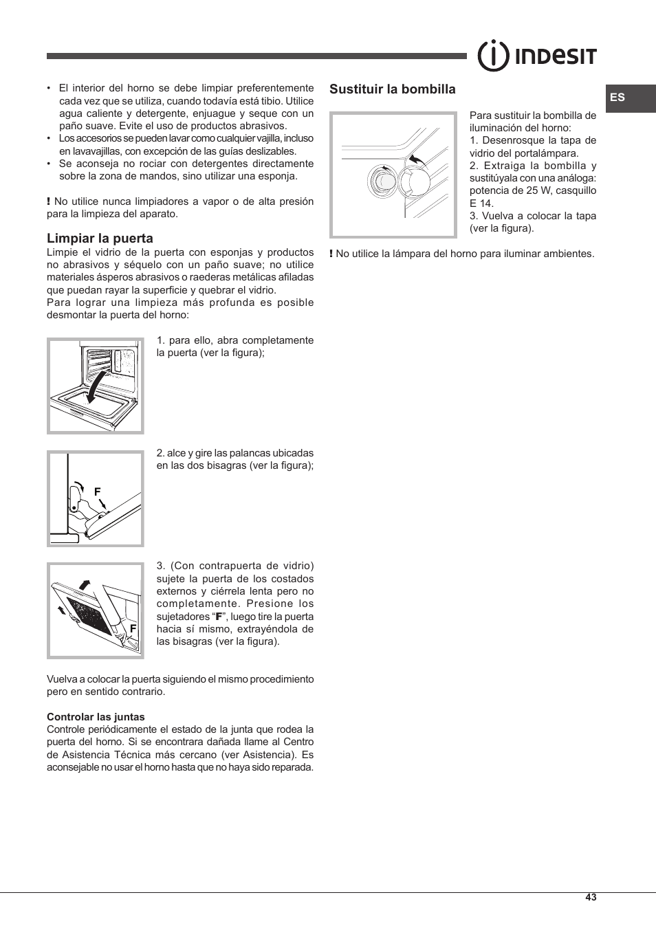 Limpiar la puerta, Sustituir la bombilla | Indesit IF-89-K.A-IX-S User Manual | Page 43 / 76