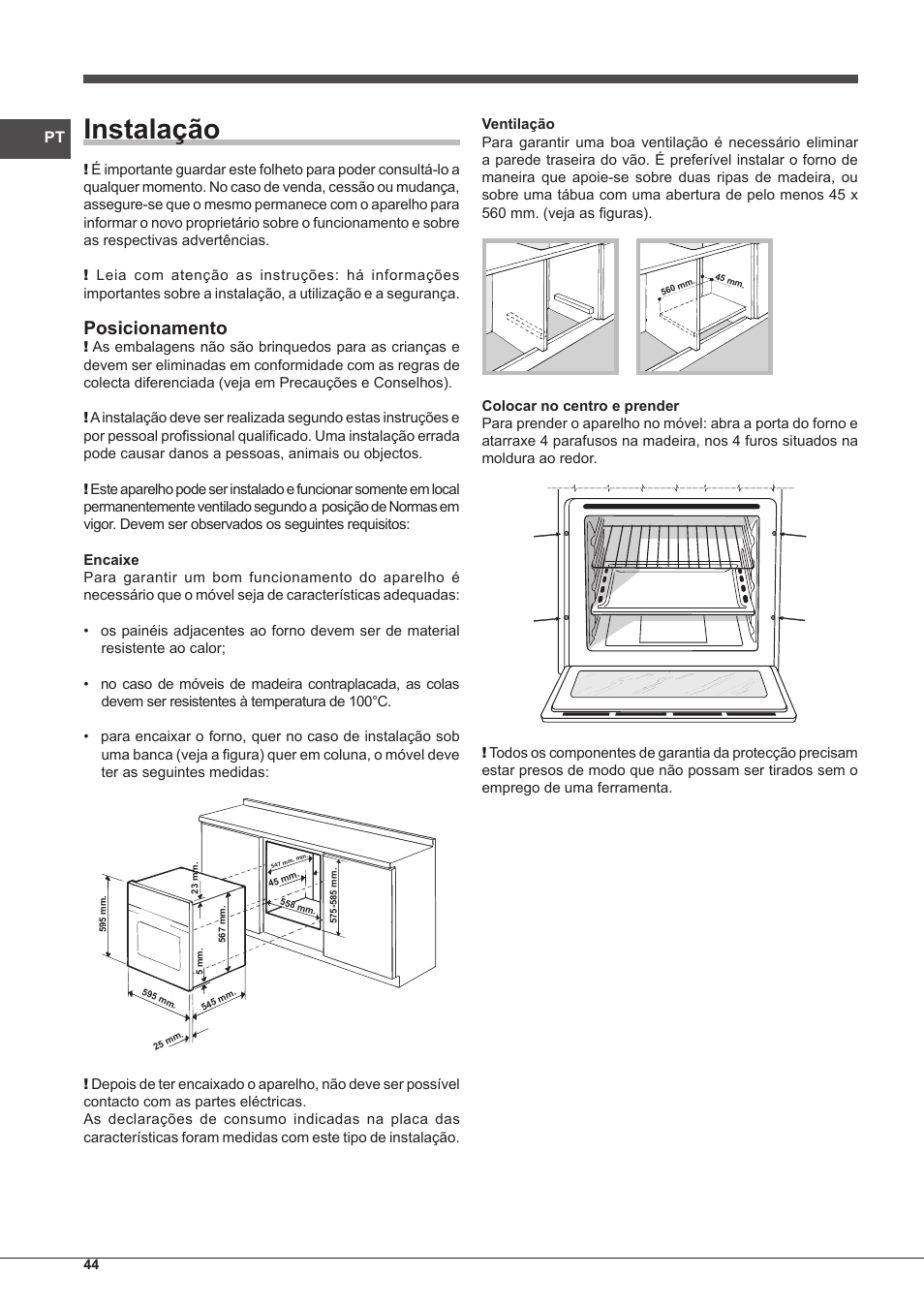 Instalação, Posicionamento | Indesit IF-89-K.A-IX-S User Manual | Page 44 / 76