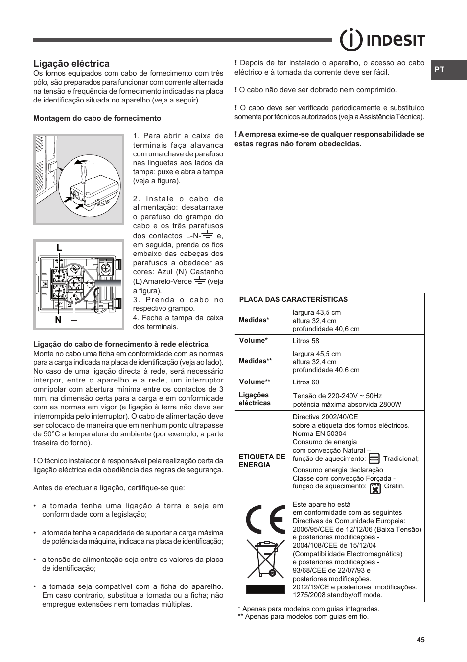 Ligação eléctrica | Indesit IF-89-K.A-IX-S User Manual | Page 45 / 76