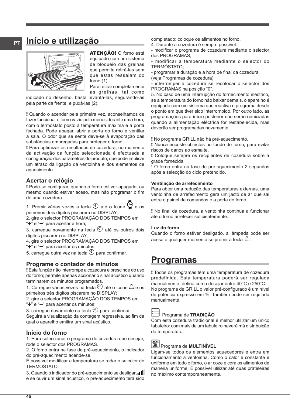 Início e utilização, Programas, Acertar o relógio | Programe o contador de minutos, Início do forno | Indesit IF-89-K.A-IX-S User Manual | Page 46 / 76