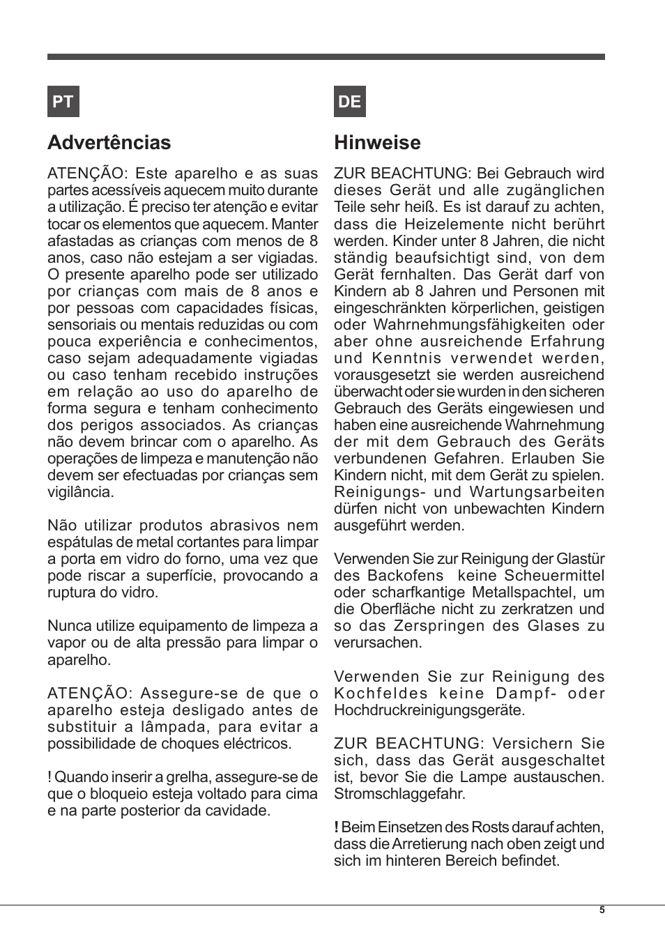 Advertências, Hinweise | Indesit IF-89-K.A-IX-S User Manual | Page 5 / 76