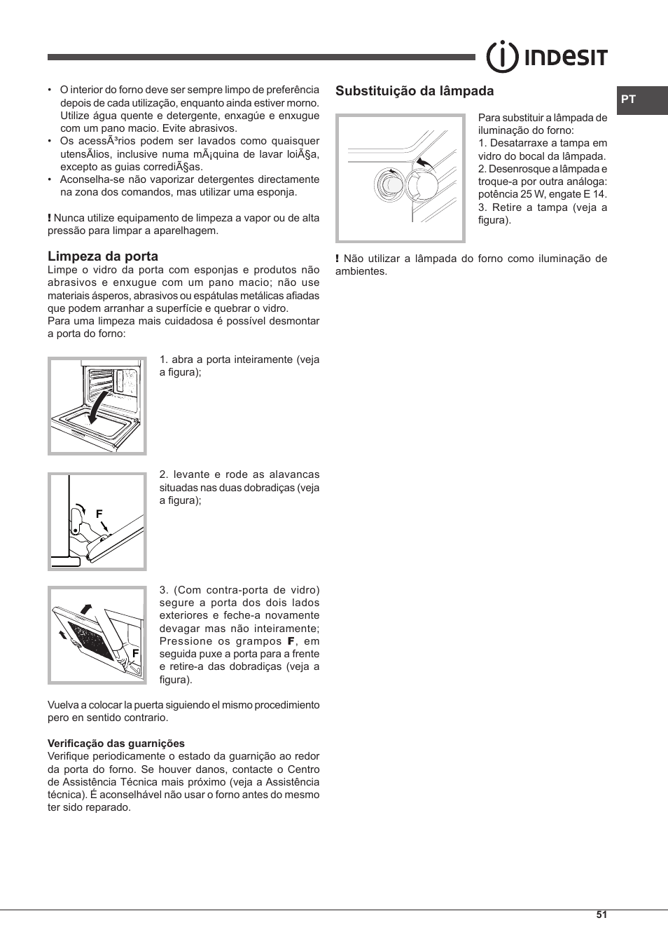 Limpeza da porta, Substituição da lâmpada | Indesit IF-89-K.A-IX-S User Manual | Page 51 / 76