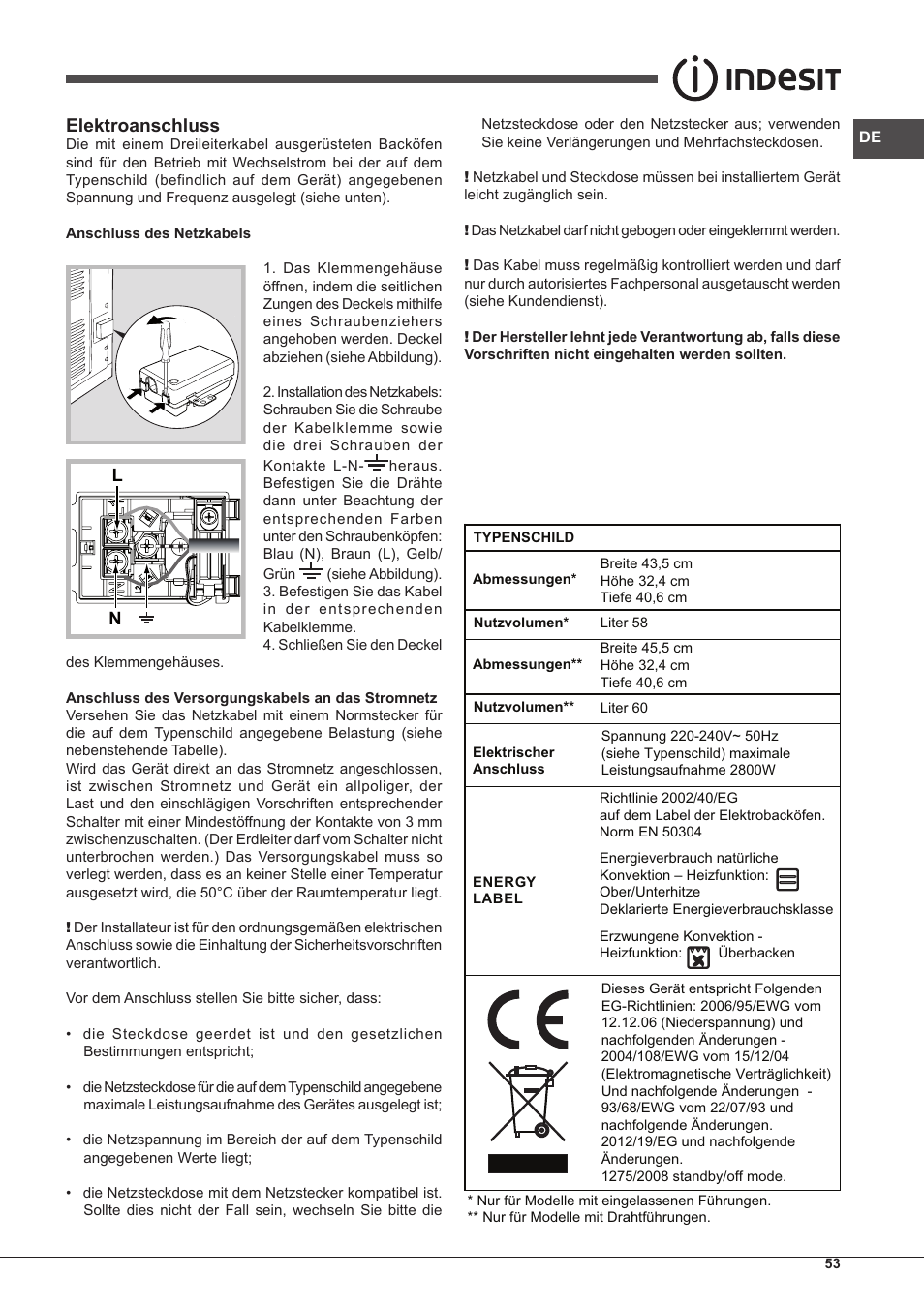 Elektroanschluss | Indesit IF-89-K.A-IX-S User Manual | Page 53 / 76