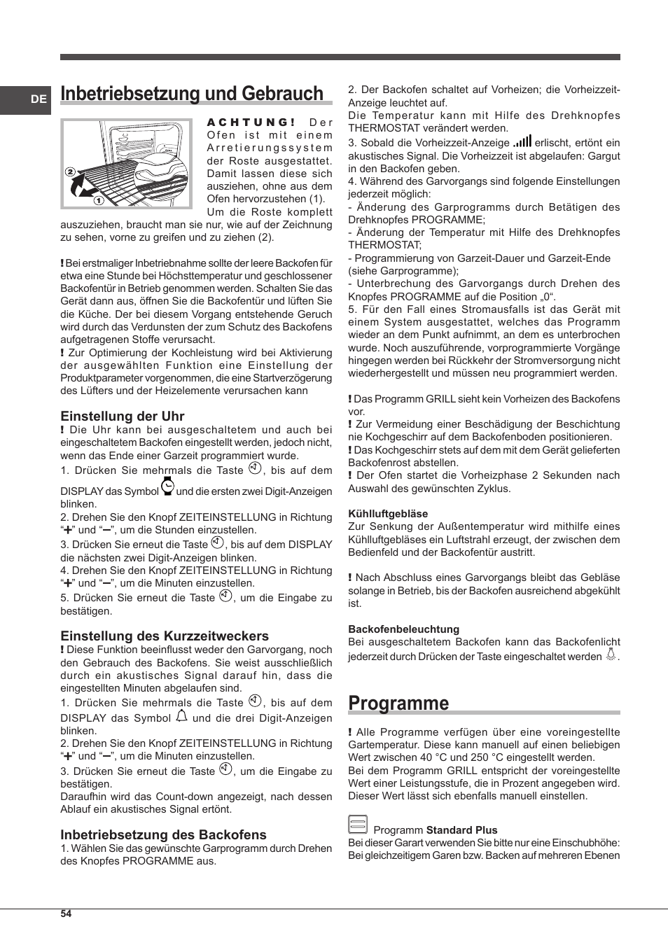 Inbetriebsetzung und gebrauch, Programme, Einstellung der uhr | Einstellung des kurzzeitweckers, Inbetriebsetzung des backofens | Indesit IF-89-K.A-IX-S User Manual | Page 54 / 76