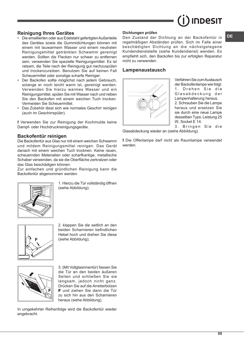 Reinigung ihres gerätes, Backofentür reinigen, Lampenaustausch | Indesit IF-89-K.A-IX-S User Manual | Page 59 / 76