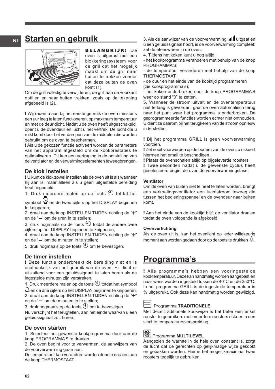Starten en gebruik, Programma’s, De klok instellen | De timer instellen, De oven starten | Indesit IF-89-K.A-IX-S User Manual | Page 62 / 76