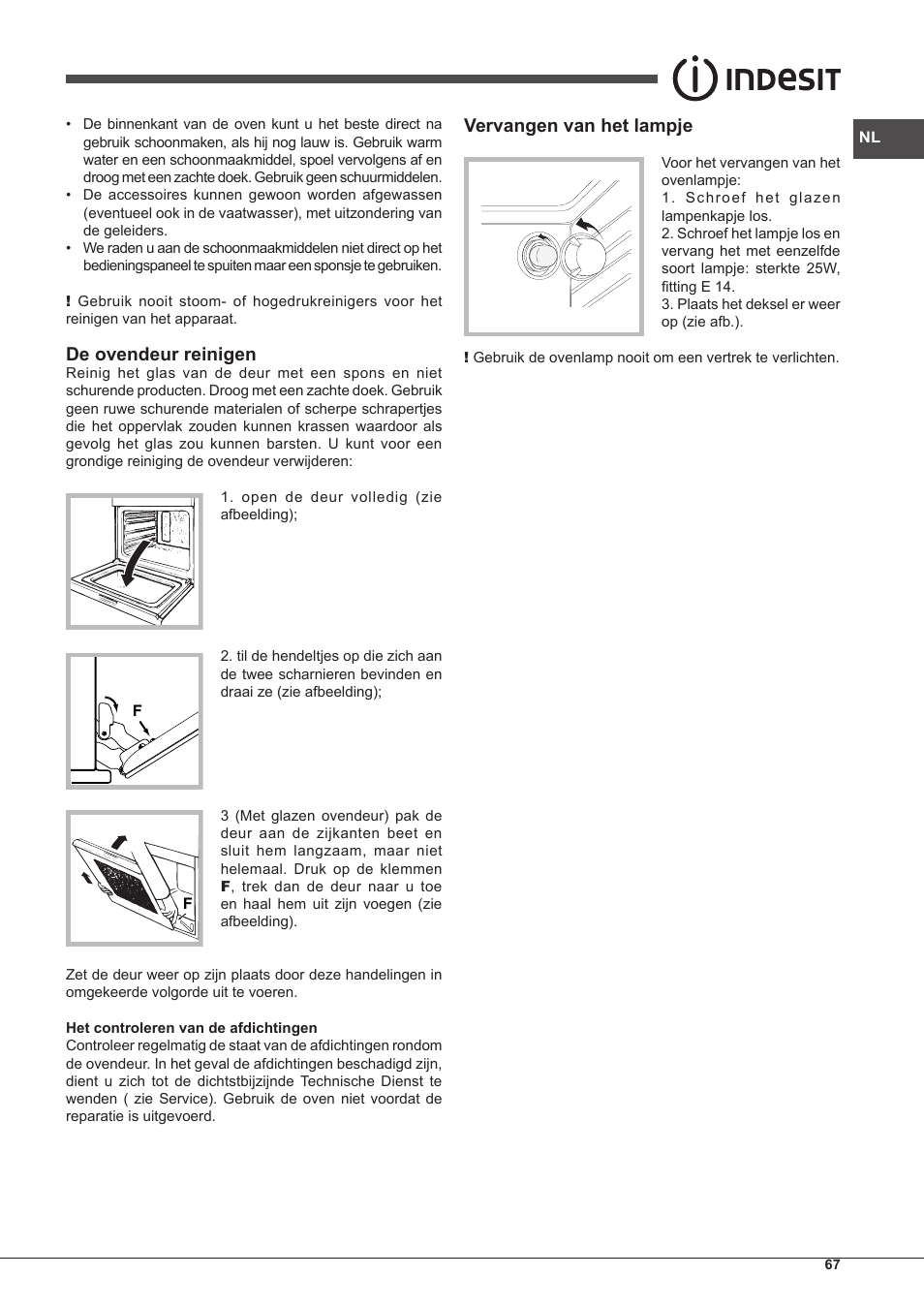 De ovendeur reinigen, Vervangen van het lampje | Indesit IF-89-K.A-IX-S User Manual | Page 67 / 76