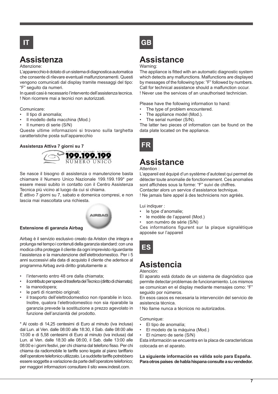 Assistenza, Assistance, Asistencia | Indesit IF-89-K.A-IX-S User Manual | Page 7 / 76