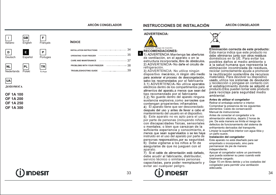 页 19, Instrucciones de instalación | Indesit OF-1A-100 User Manual | Page 19 / 44