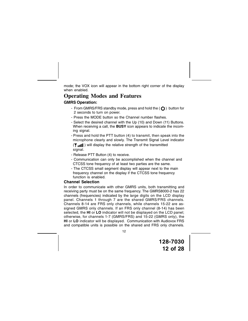 Operating modes and features | Audiovox GMRS8000-2 User Manual | Page 12 / 28