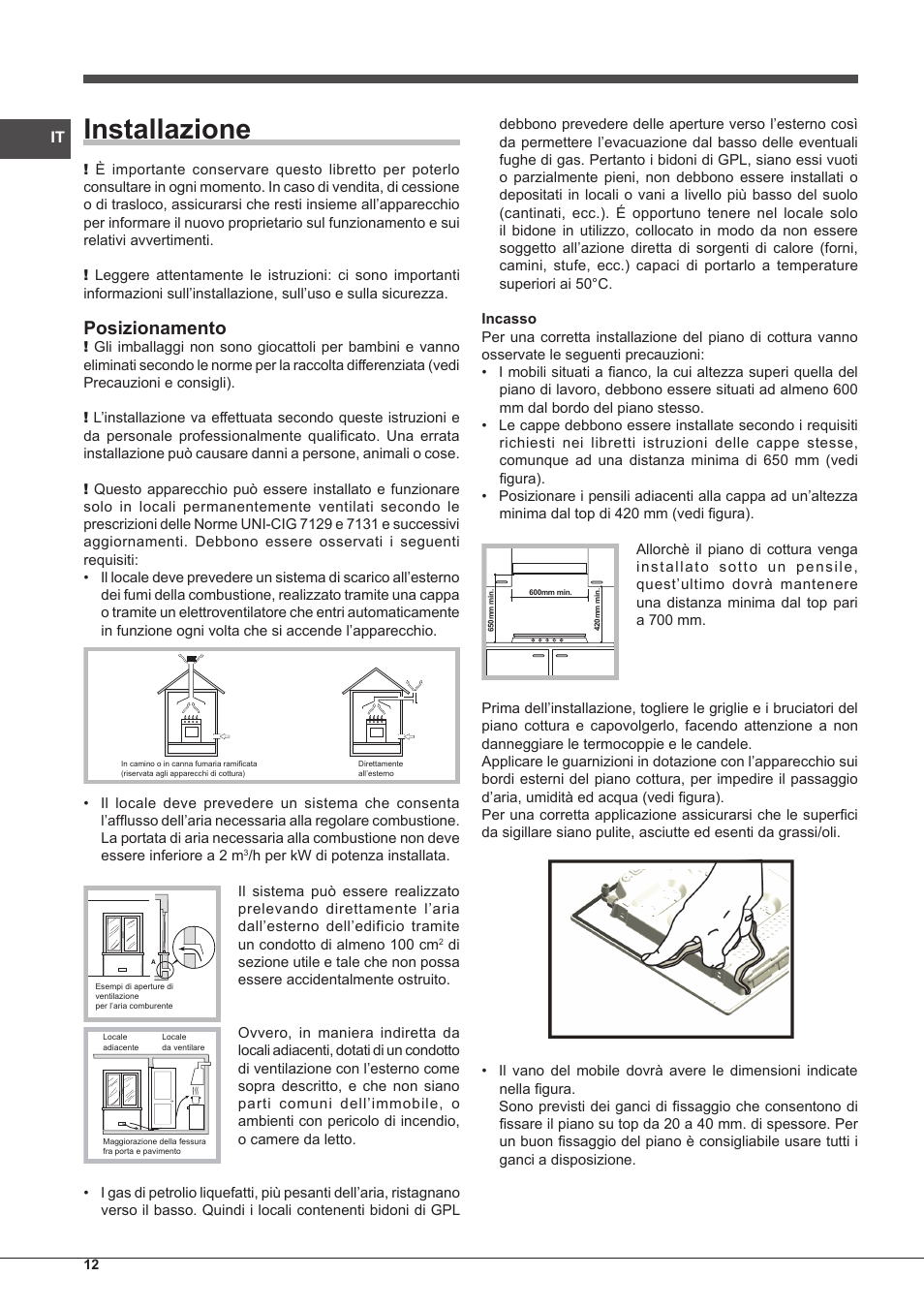 Installazione, Posizionamento | Indesit IP-751-S-(IX) User Manual | Page 12 / 56