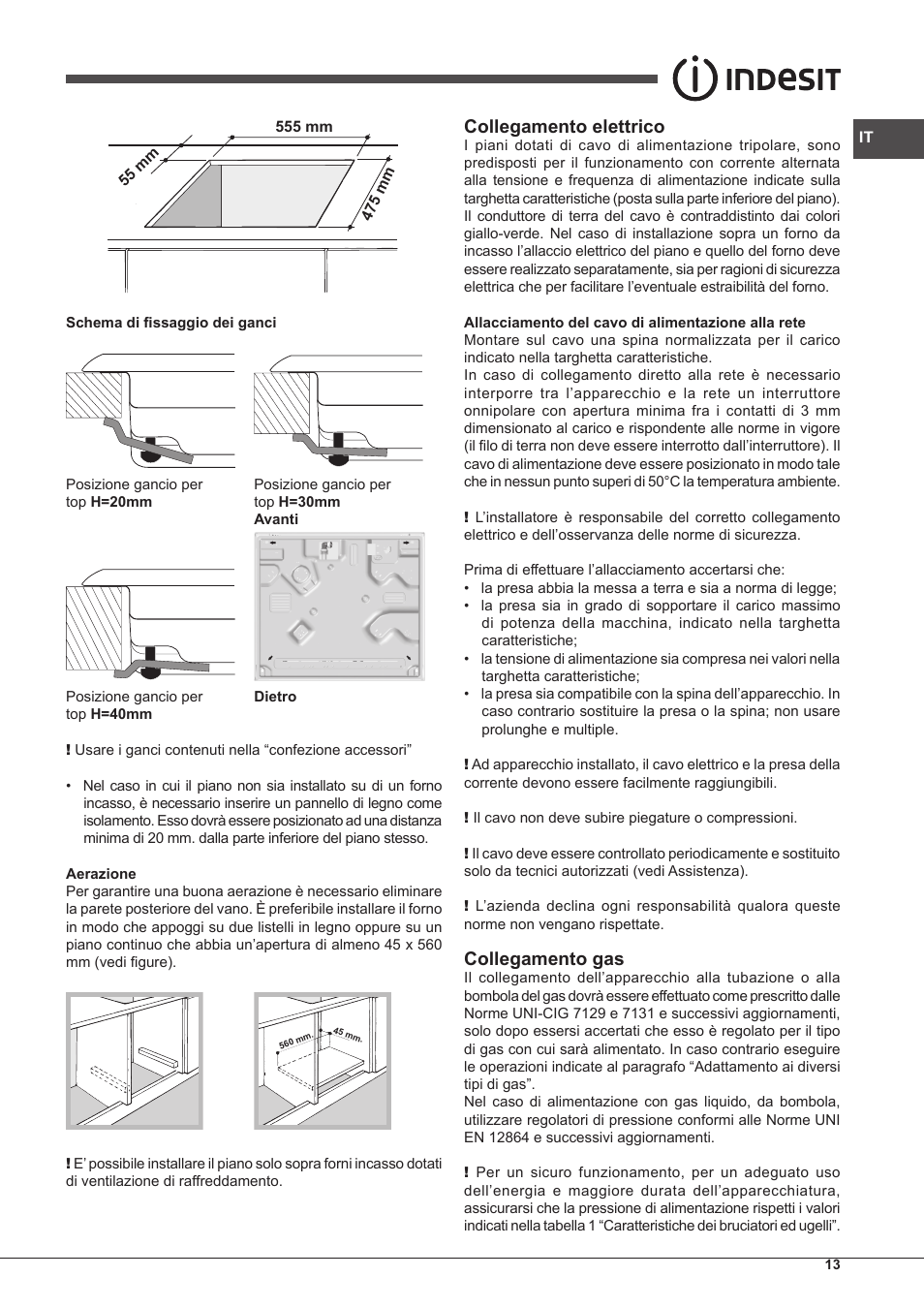 Collegamento elettrico, Collegamento gas | Indesit IP-751-S-(IX) User Manual | Page 13 / 56
