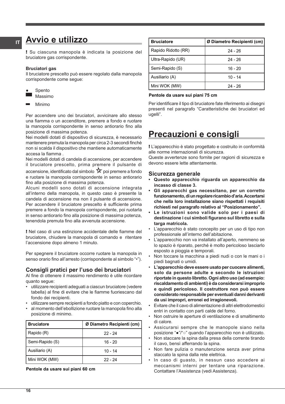 Avvio e utilizzo, Precauzioni e consigli, Consigli pratici per l’uso dei bruciatori | Sicurezza generale | Indesit IP-751-S-(IX) User Manual | Page 16 / 56