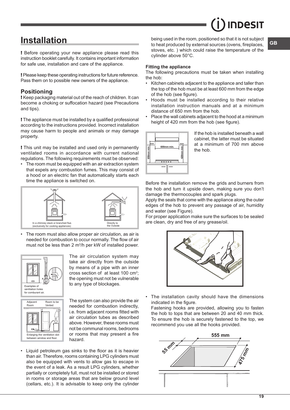 Installation, Positioning | Indesit IP-751-S-(IX) User Manual | Page 19 / 56