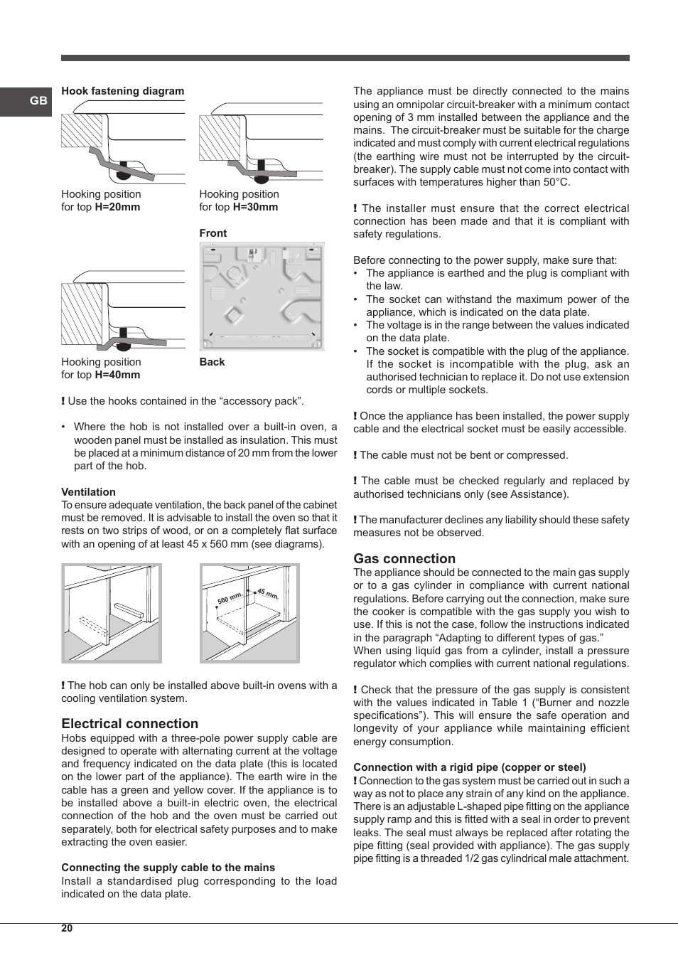 Electrical connection, Gas connection | Indesit IP-751-S-(IX) User Manual | Page 20 / 56