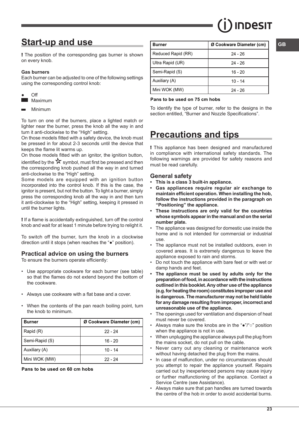 Start-up and use, Precautions and tips, Practical advice on using the burners | General safety | Indesit IP-751-S-(IX) User Manual | Page 23 / 56