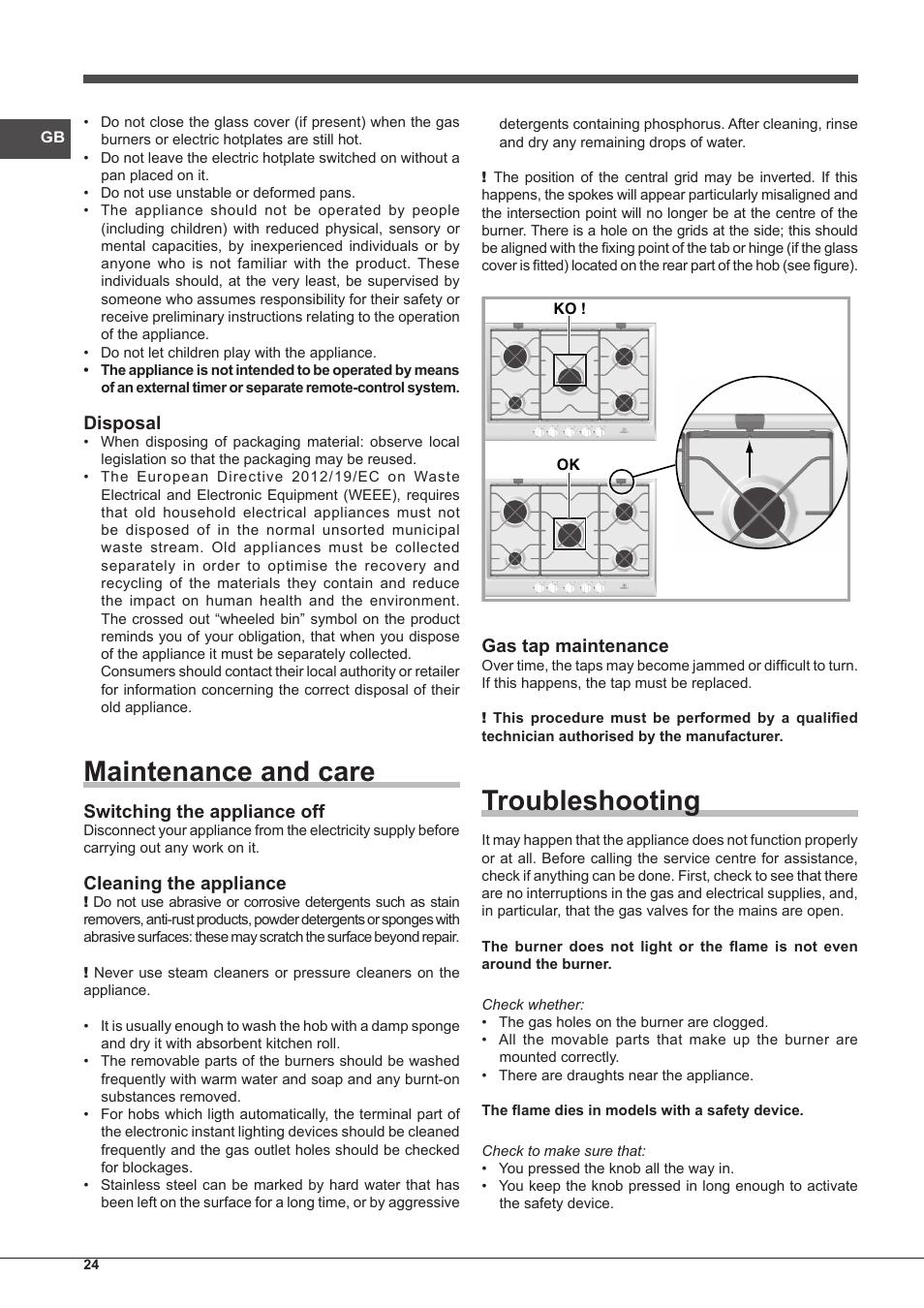 Maintenance and care, Troubleshooting, Disposal | Switching the appliance off, Cleaning the appliance, Gas tap maintenance | Indesit IP-751-S-(IX) User Manual | Page 24 / 56
